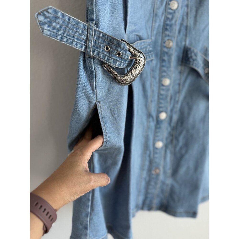 Blue B Denim Mini Dress Belt Buckle Straps Womens Large Festival Concert Western - Picture 16 of 16